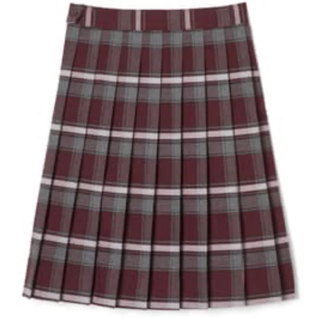 Burgundy Plaid - Girl's Below The Knee Kick Pleat Skirt